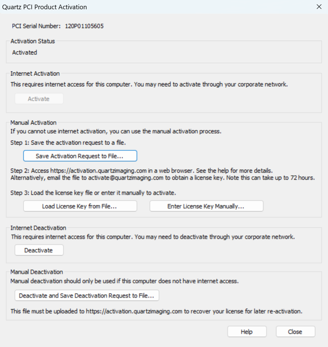 Quartz PCI Product Activation Window