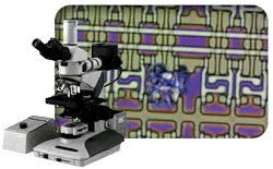 A light microscope with a semiconductor circuit image in the background