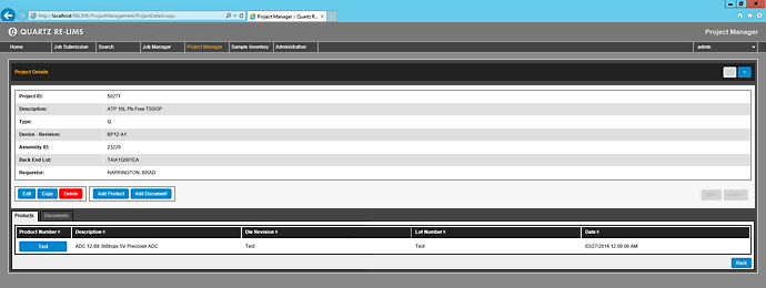 RE-LIMS Project Manager screen