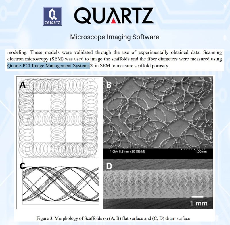 Simulated and SEM images of melt electrospun PCL scaffolds on flat and drum surfaces, measured with Quartz PCI